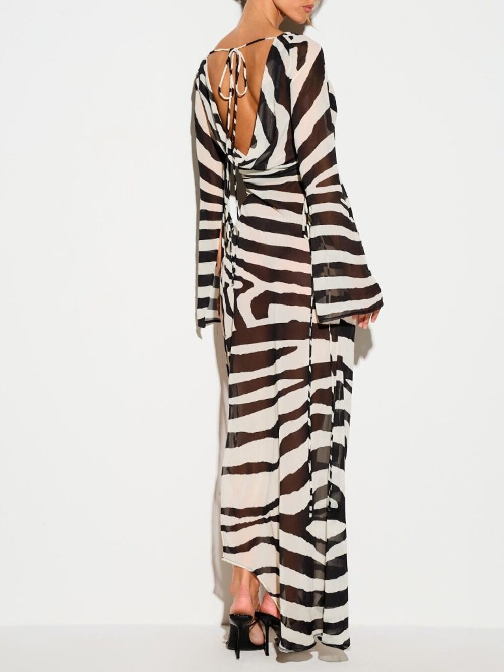 Multicolor Sexy Women's Sheer Chiffon Zebra Print Extreme High Split Maxi Dress - Picture 2 of 6